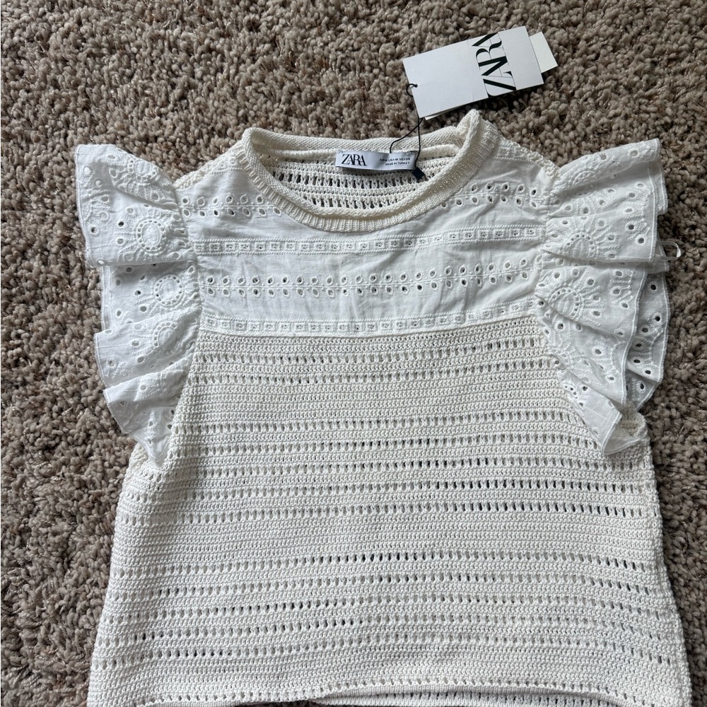 Zara Cream Eyelet Ruffle Sleeve Top